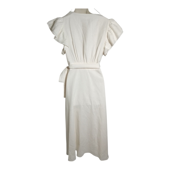 Amalie White Wrap V Neck Ruffle Sleeve Midi Dress Belted Fit & Flare Elegant 6 - Picture 7 of 9